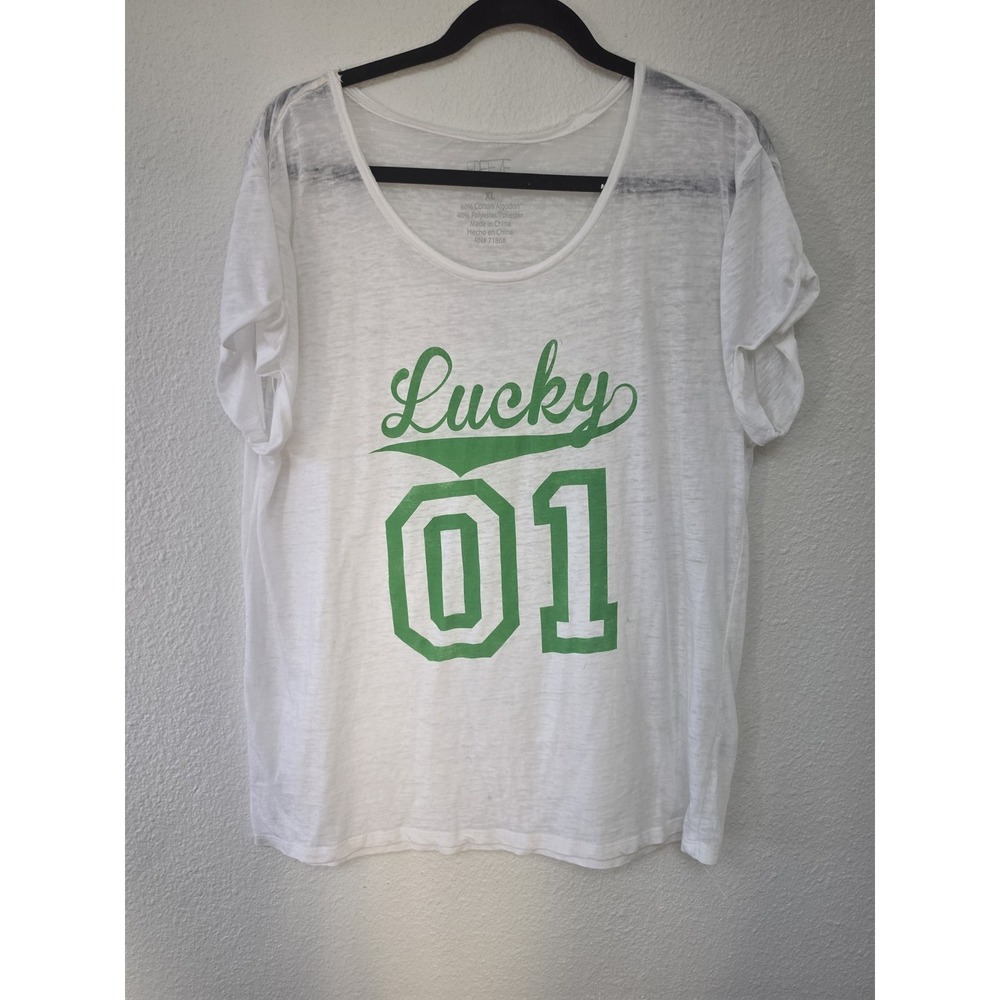 Freeze Lucky 01 Women XL White Green T-Shirt Round Neck Casual Tee Top Sheer
